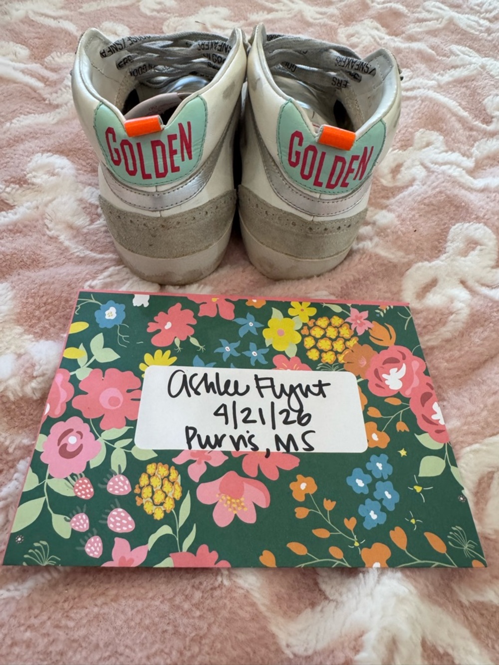 Golden Goose White and Gray Mid-Top Sneakers with Pink Heel Tab - Picture 2 of 3